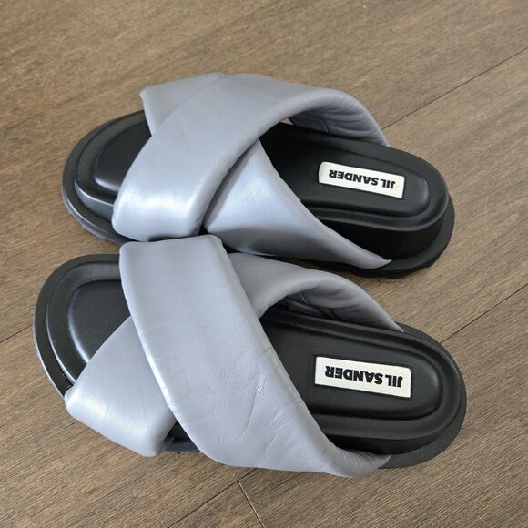 JIL SANDER SANDAL Grey Padded LEATHER CROSS Over STRAP SLIDE SHOES Size 39 New - Picture 1 of 7